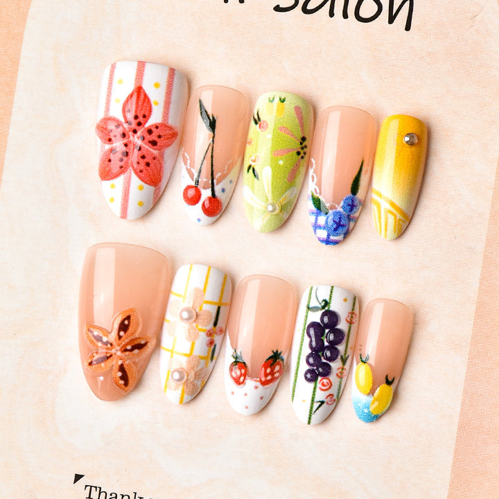 Decorative Press-On Nail Art Set with Floral and Fruit Designs Bowlift
