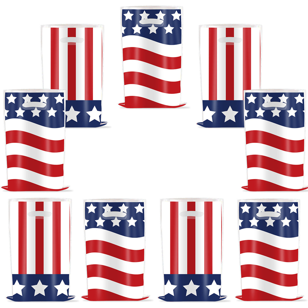 Unisex nan gift bags set with USA flag motif made of sturdy plastic and integrated handle ten pack Bowlift