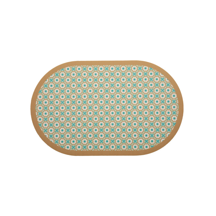 Oval wipeable placemat with tulip pattern, padded edge and non-slip bottom