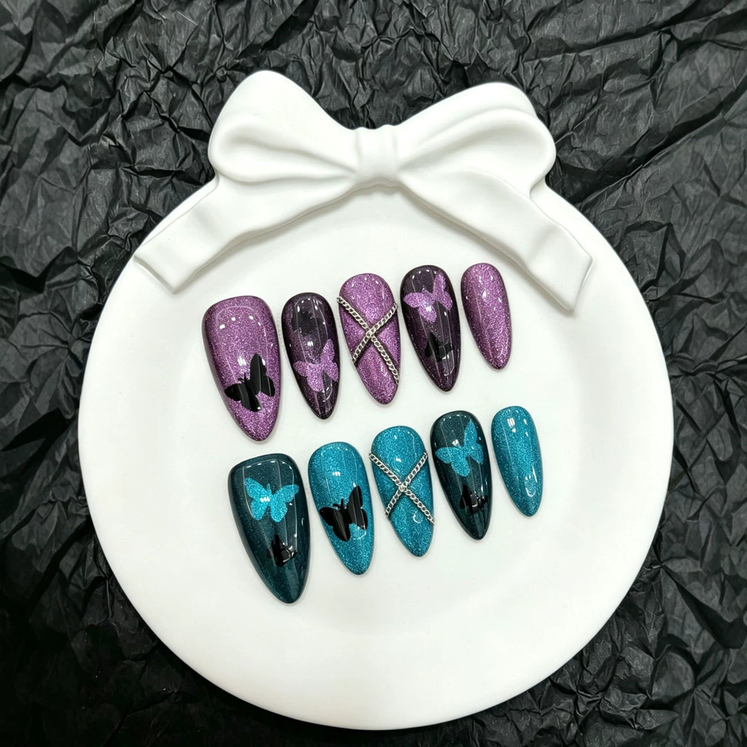 Artistic Press-On Nail Set with Butterfly Motifs