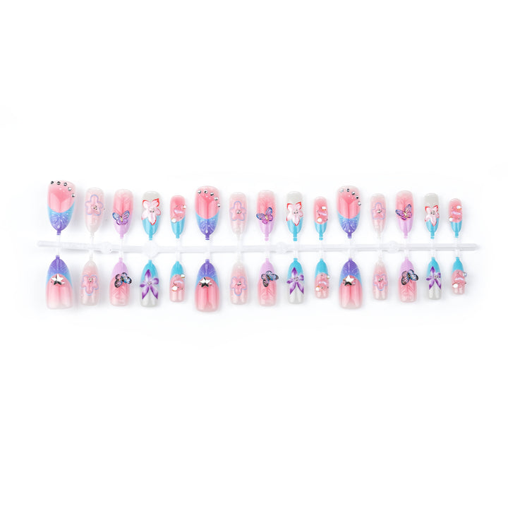 Artificial nail set with floral and butterfly decorations Bowlift