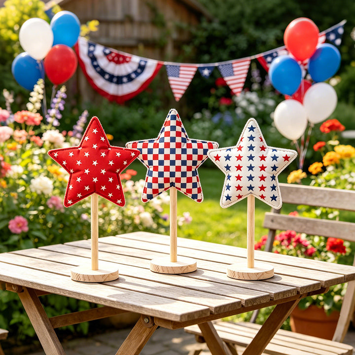 Unisex decorative fabric star display with wooden base Bowlift