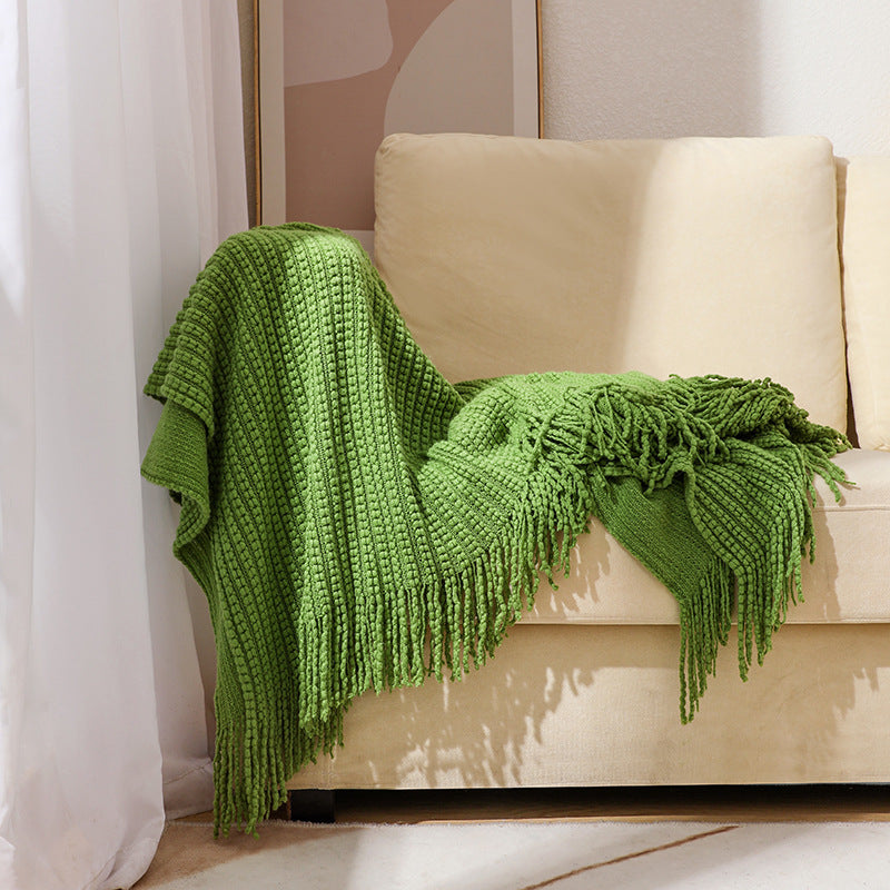 Textured Fringe Knit Throw Blanket Bowlift