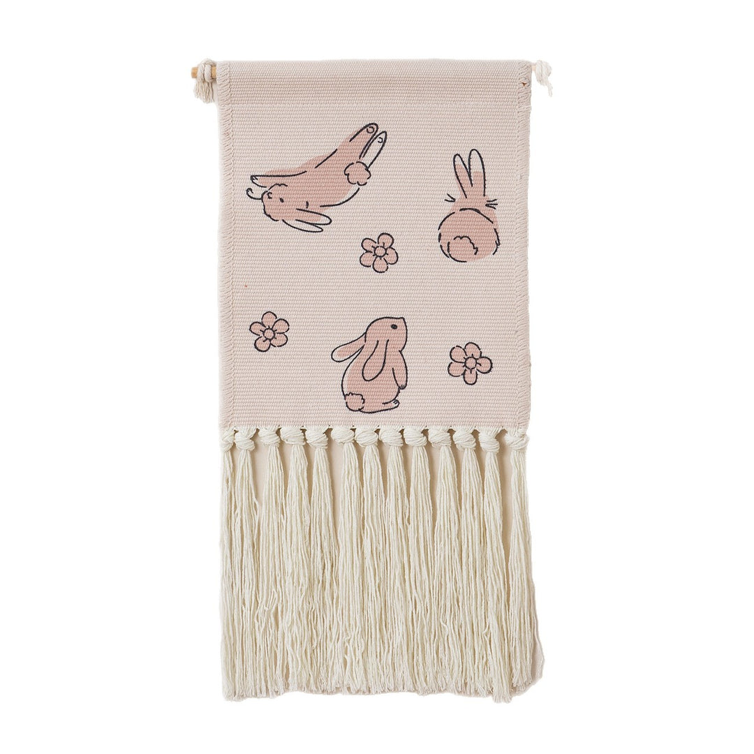 woven wall hanging with fringes and rabbit motif Bowlift