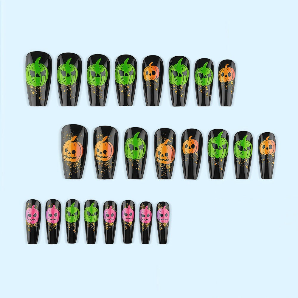 Halloween-style artificial nails with graphic pumpkin designs Bowlift