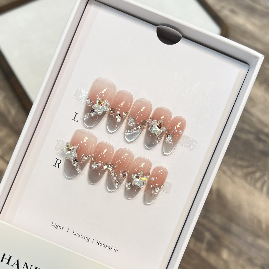 Elegant Press-On Almond Nails with Floral Accents Bowlift