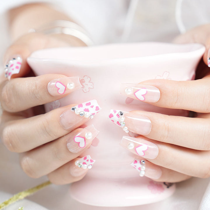 Decorative 3D Heart and Leopard Print Press-On Nail Set Bowlift