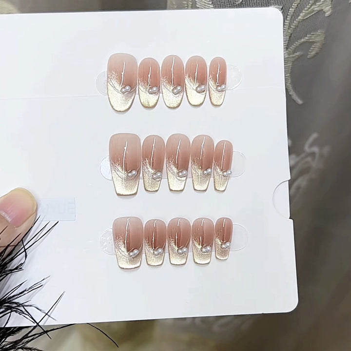 Elegant Press-On Nail Set with Pearls Bowlift
