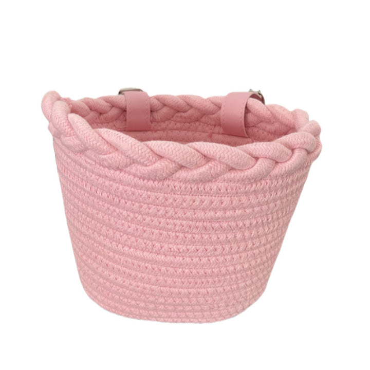 braided rope bike basket with pom pom embellishments and leather handlebar straps Bowlift