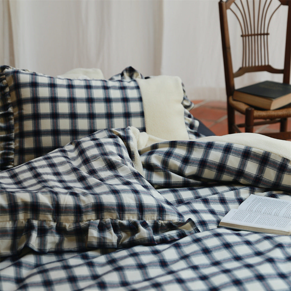 Checked reversible bedding set with teddy fleece backing and ruffled pillowcase