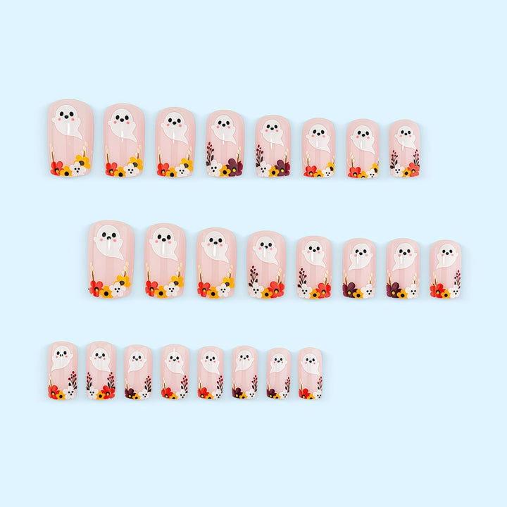 Artificial nails with ghost motif and flower accents Bowlift