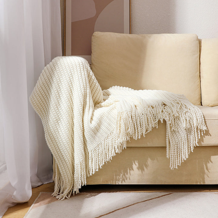Textured Fringe Knit Throw Blanket Bowlift