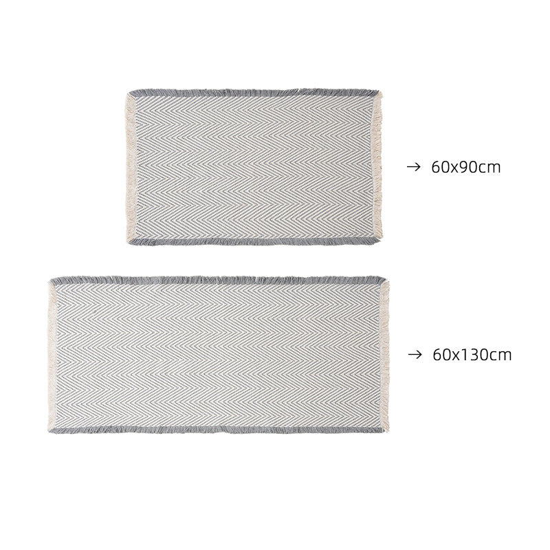 Woven runner and door mat set with herringbone structure and decorative fringes
