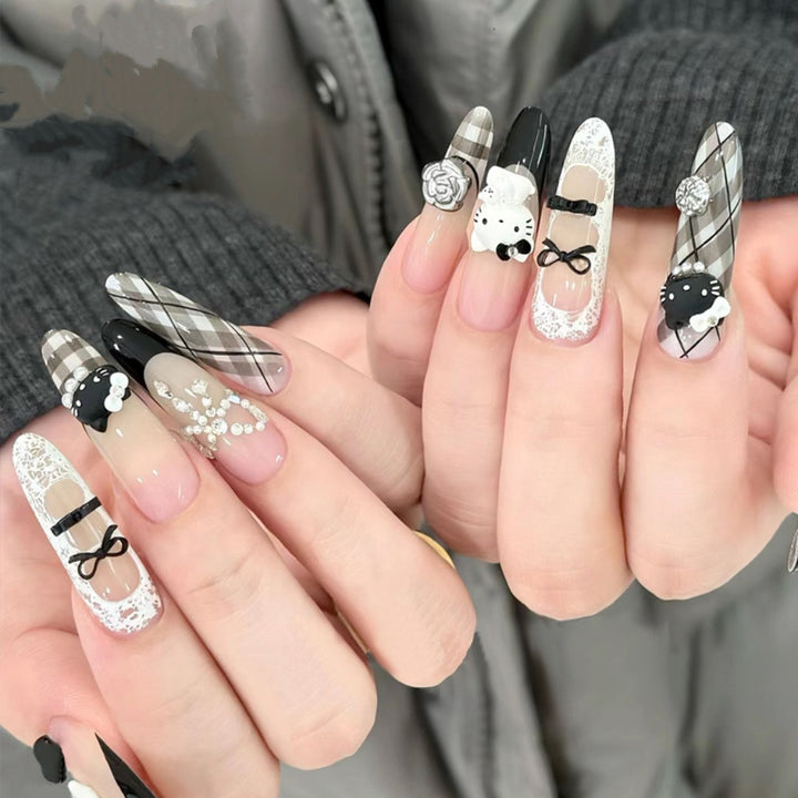 Artistic Stiletto Press-On Nails with Silver Accents Bowlift