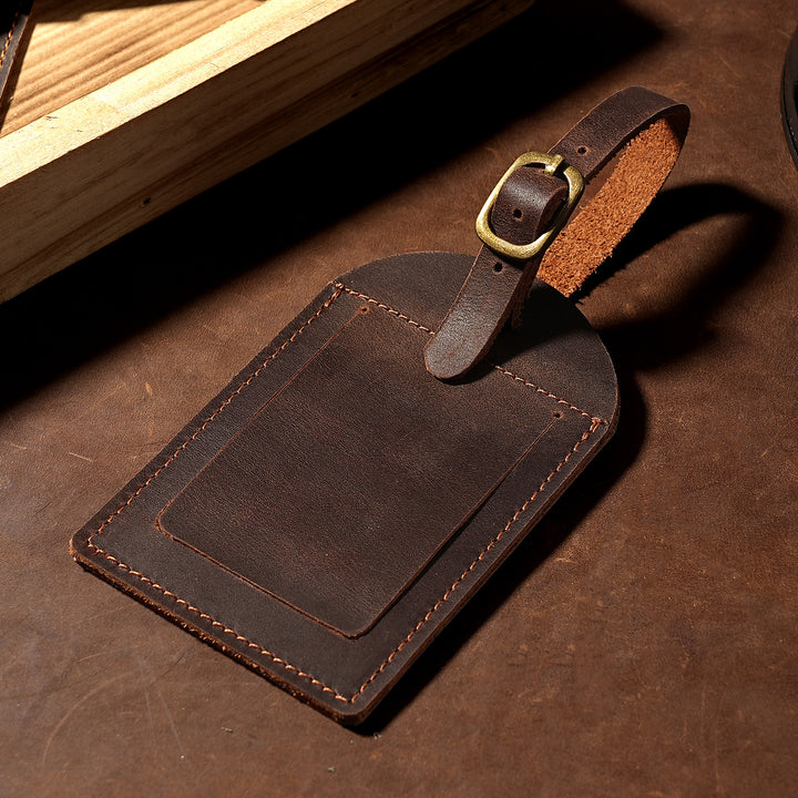 Full-Grain Leather Adjustable Luggage ID Tag with Brass Buckle Bowlift