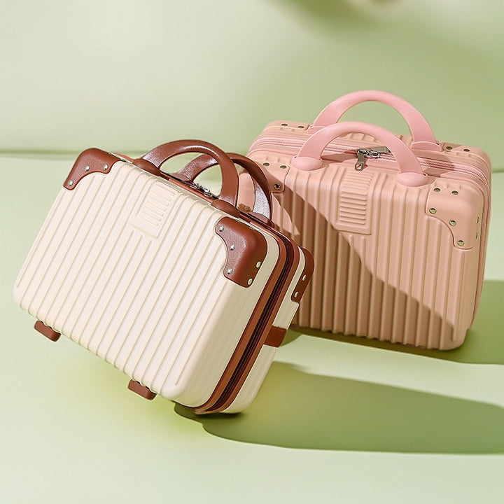 structured hard-shell vanity travel case with faux-leather corner reinforcements and dual top handles Bowlift