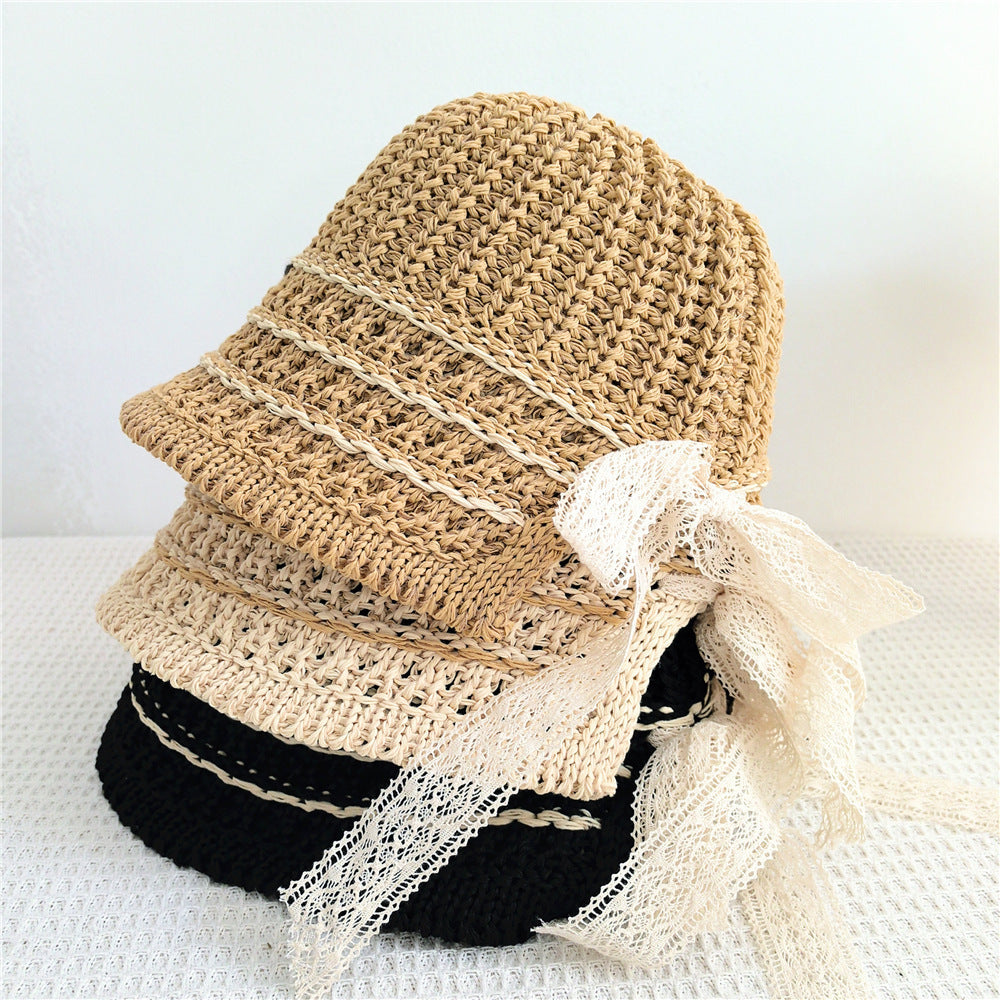 Crocheted Raffia Bucket Sun Hat with Lace Tie and Braided Trim Bowlift