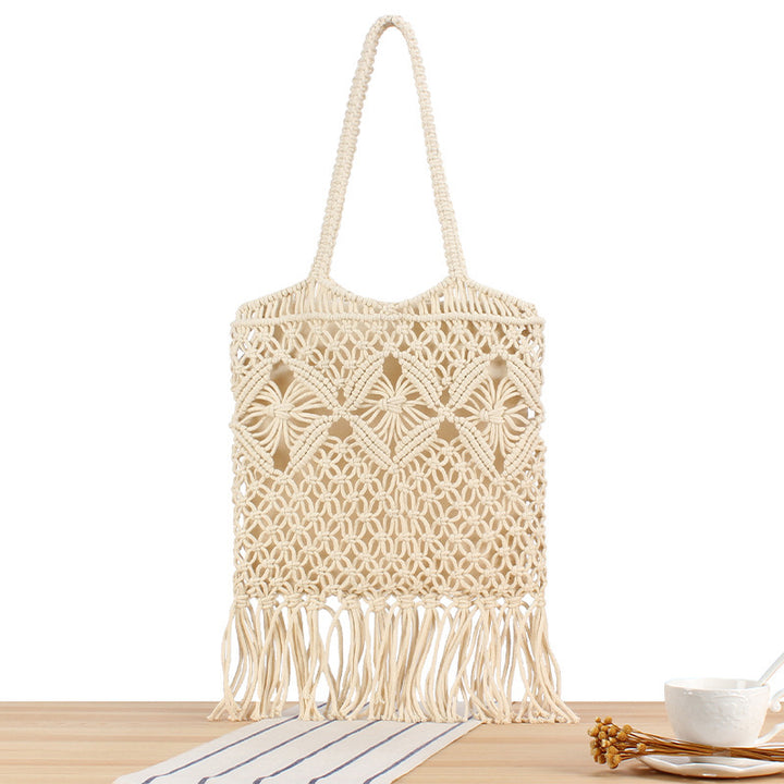 Macrame Tote Bag with Decorative Fringes Bowlift