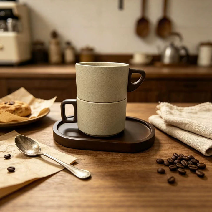 Ceramic mug with wooden handle and saucer