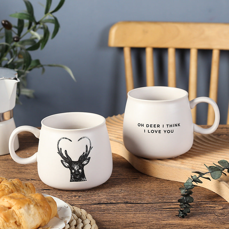 Matte Ceramic Tapered Round Coffee Mug With Deer Head Antler Graphic And Oversized Ergonomic Handle