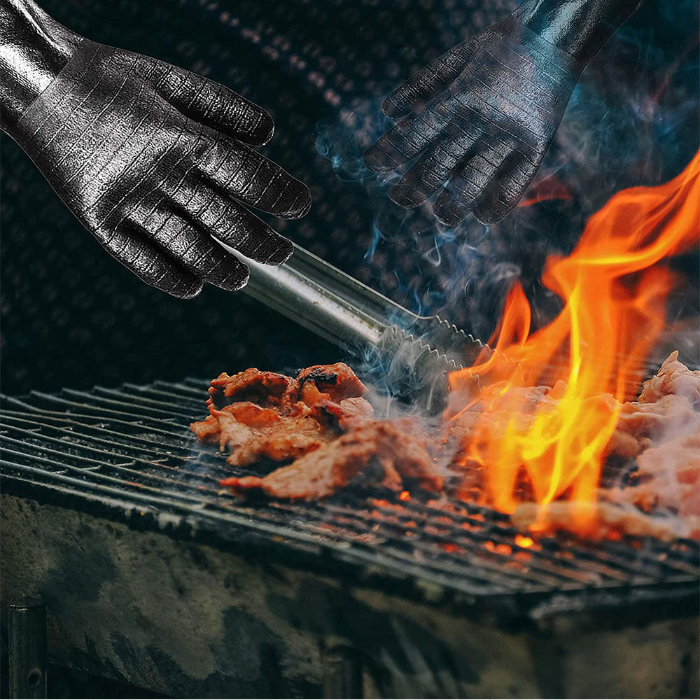 High Heat Resistant BBQ Gloves with Non Slip Silicone Grip and Extended Cuff for Grilling and Oven Use Bowlift