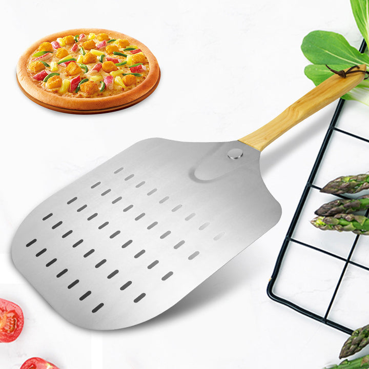 perforated stainless steel pizza peel with ergonomic wooden handle Bowlift