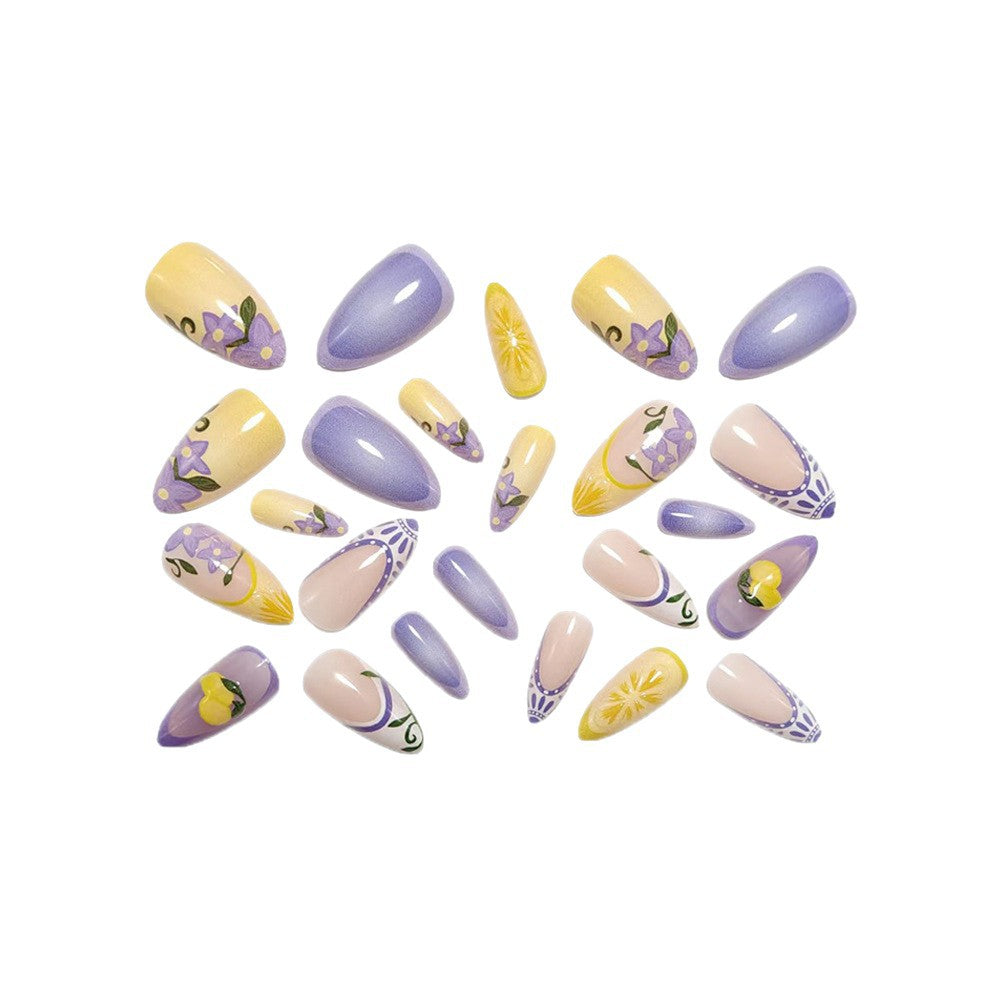 Artificial nails with creative lemon and lilac design Bowlift