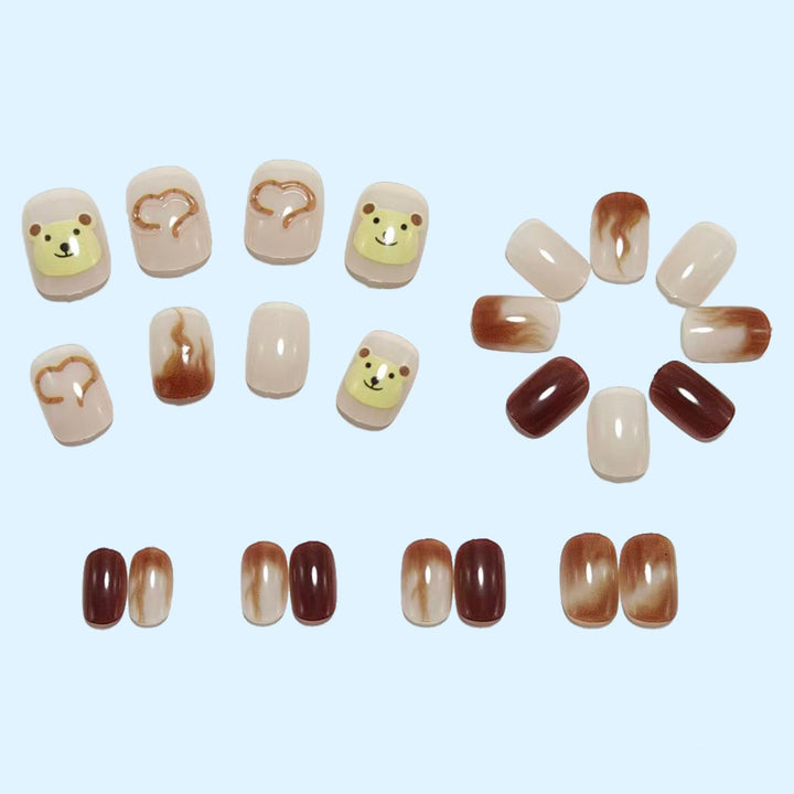 Artificial nails with cute bear design and elegant color gradients Bowlift