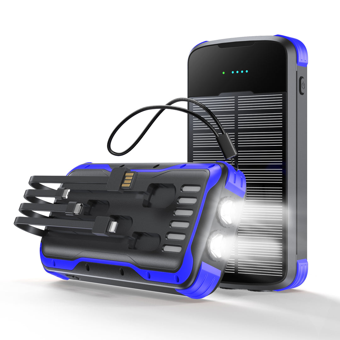 Rugged portable solar power bank with integrated LED flashlight and multi-tip charging cable Bowlift