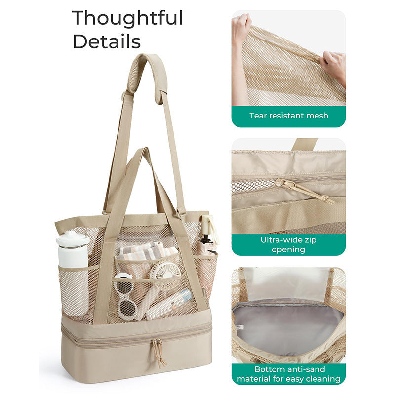 Insulated Mesh Beach Tote Bag with Multi-Compartment Storage Bowlift