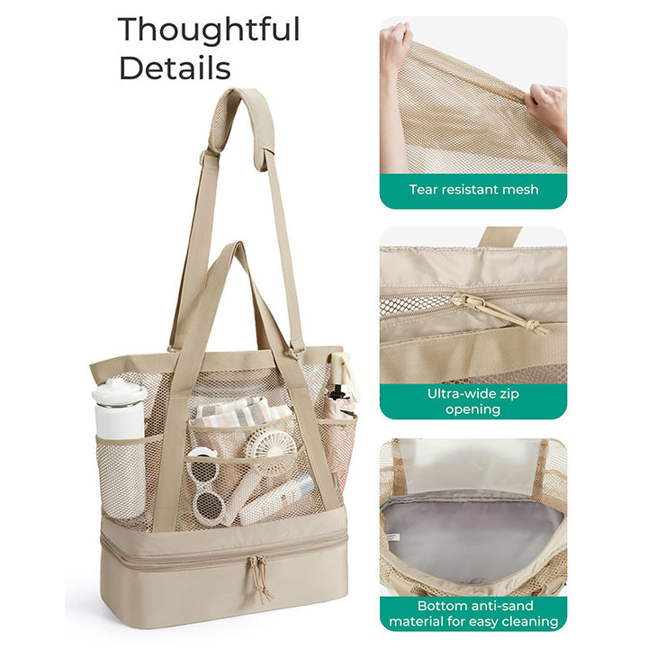 Insulated Mesh Beach Tote Bag with Multi-Compartment Storage Bowlift