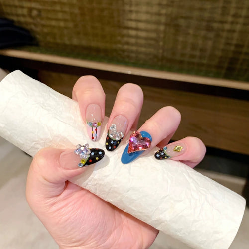 Artistic Press-On Nail Set with Colorful Jewel Accents Bowlift