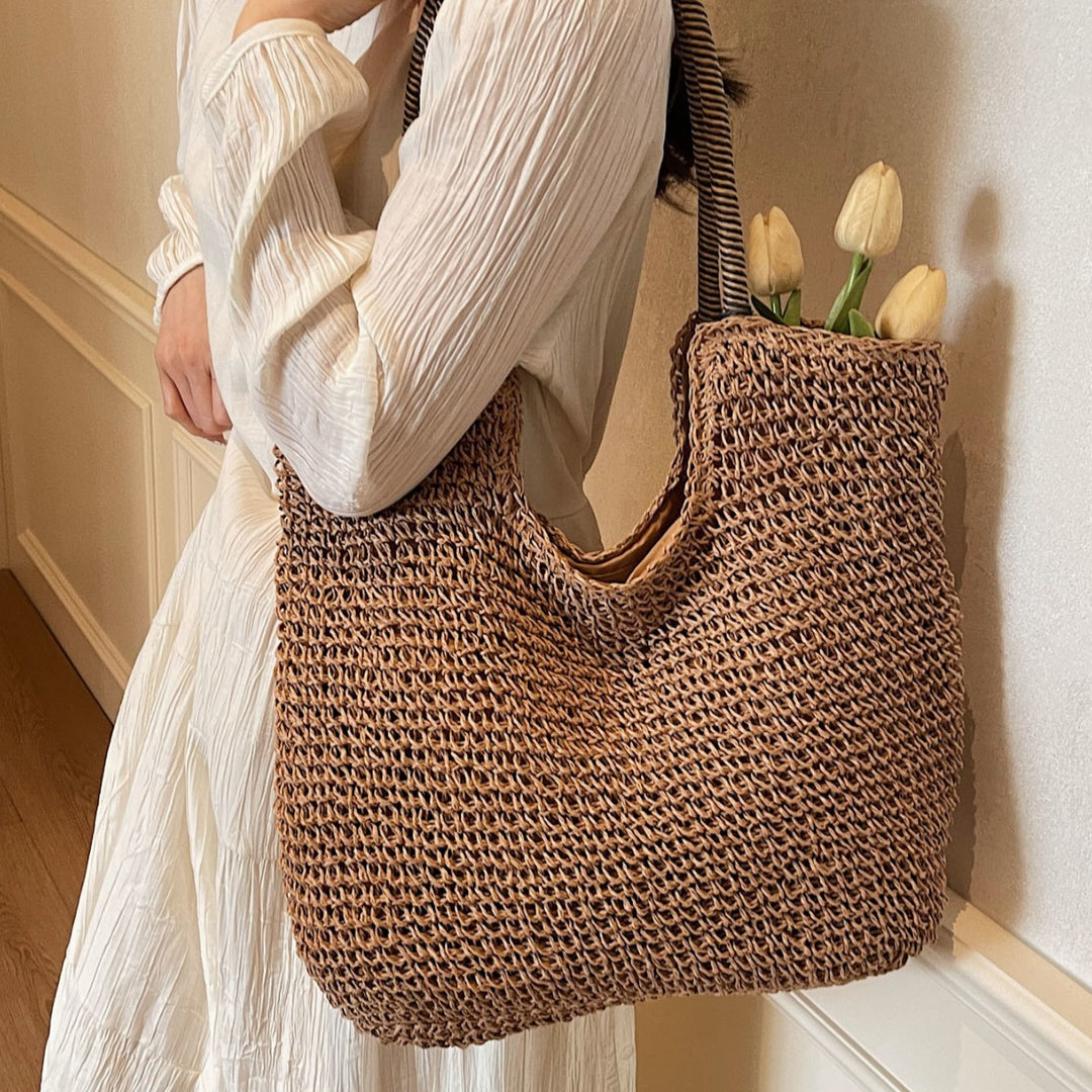 Elegant Handbag Made from Hand-Woven Natural Material with Striped Handles Bowlift