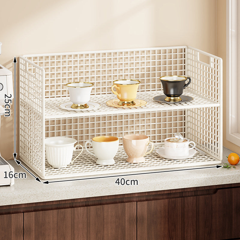 Double-Tier Metal Grid Countertop Organizer Shelf for Cups and Kitchenware