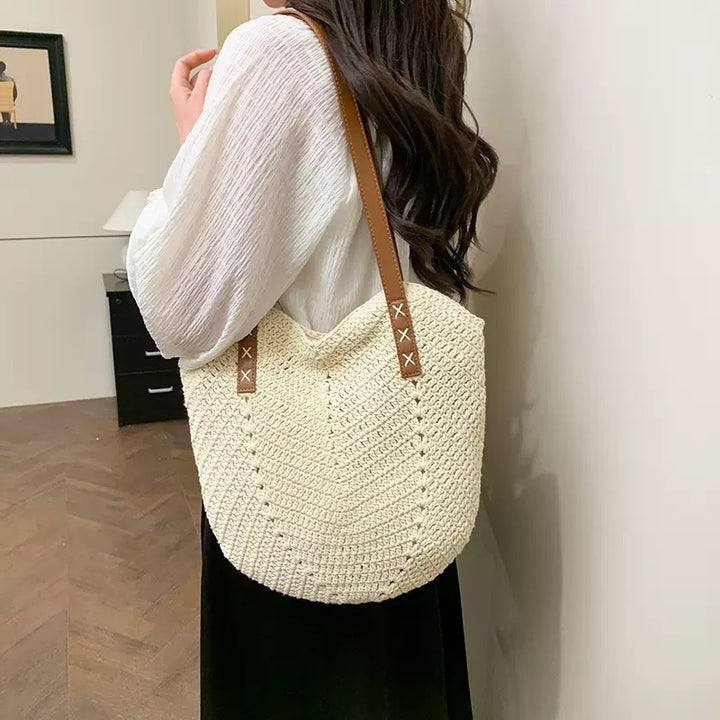 Elegant Macramé Shopper with Striking Leather Handles Bowlift