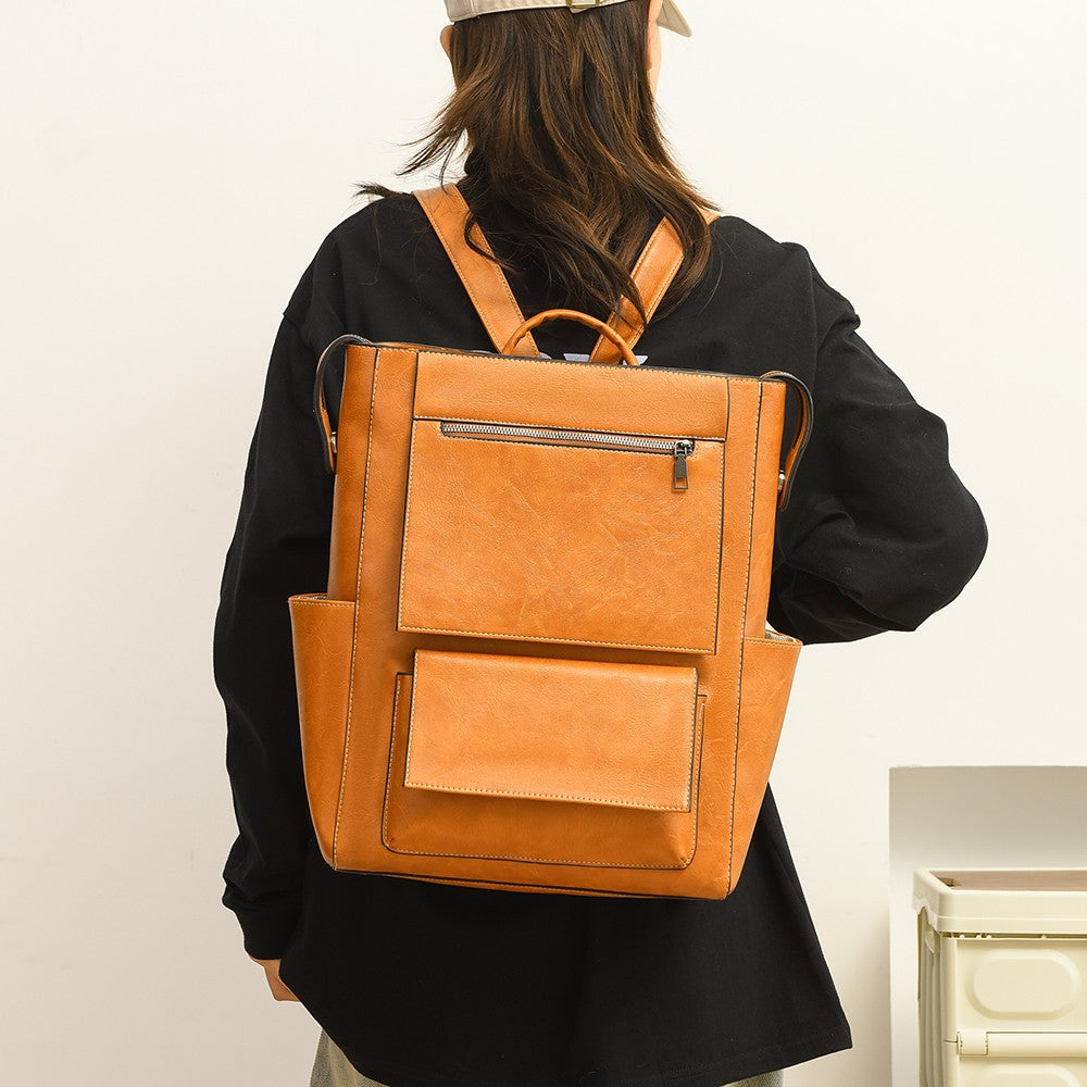 Multi-Pocket Genuine Leather Backpack Bowlift
