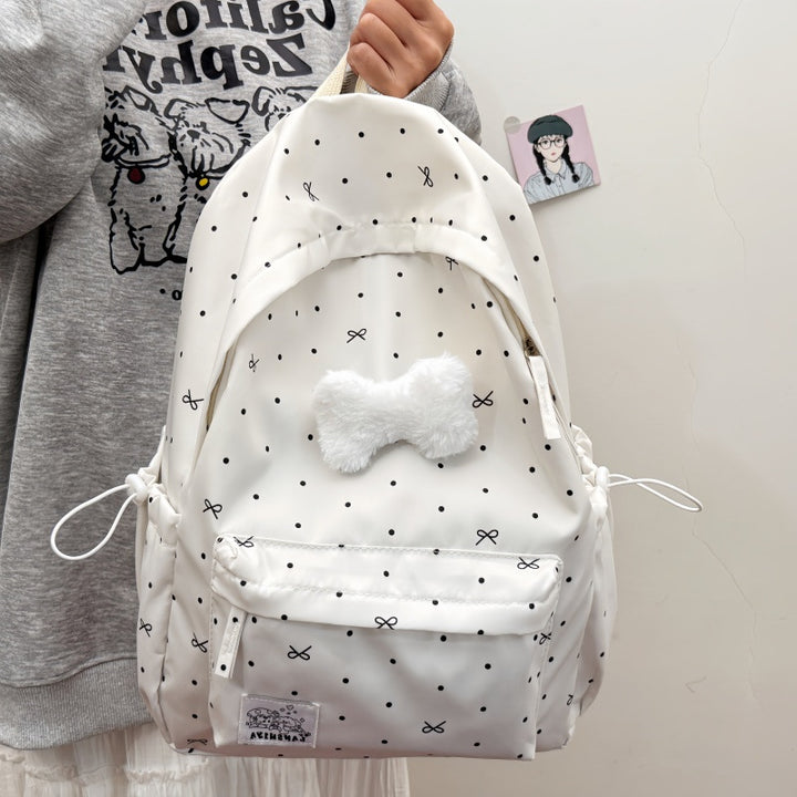 Cute Polka Dot Backpack with Plush Bow Bowlift