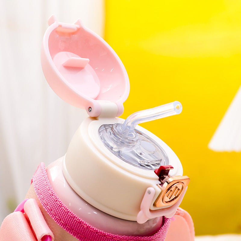 Ladies insulated bottle with cute cat motif and practical carrying strap Bowlift