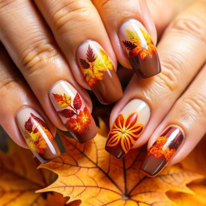 Artificial nails in elegant autumn design with leaf motifs Bowlift