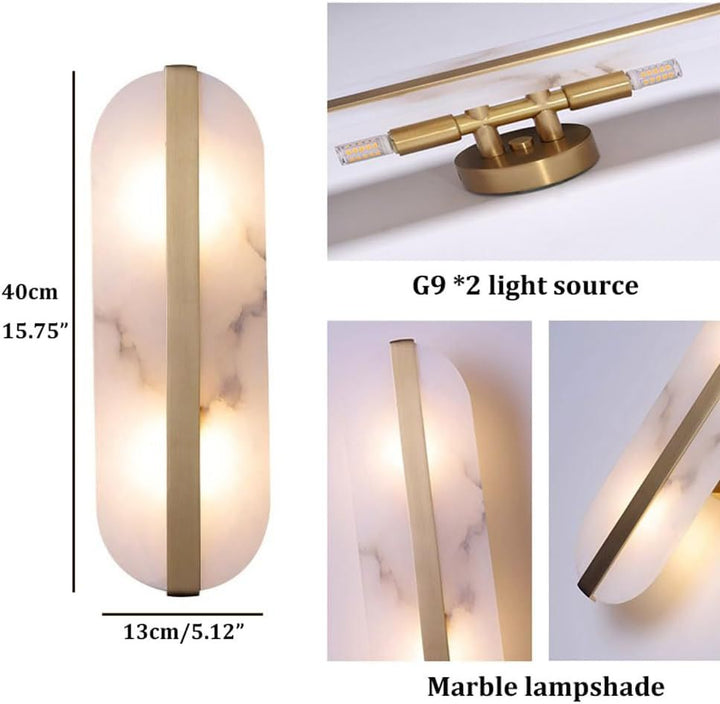 Modern marble oval wall sconce with brass accent and dual pin lamp holders Bowlift