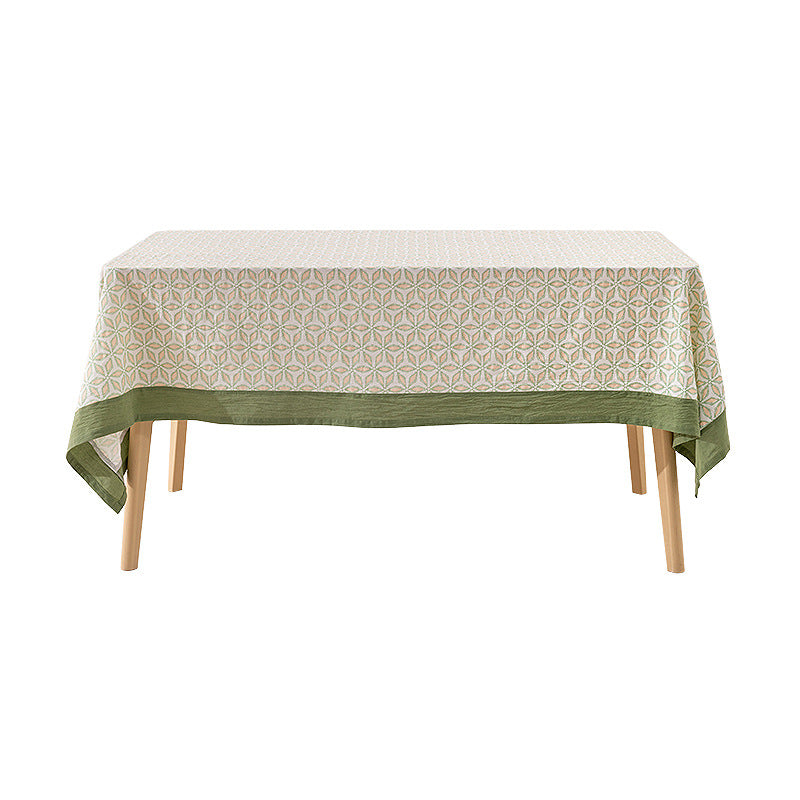 Rectangular printed tablecloth with wide hem and geometric pattern