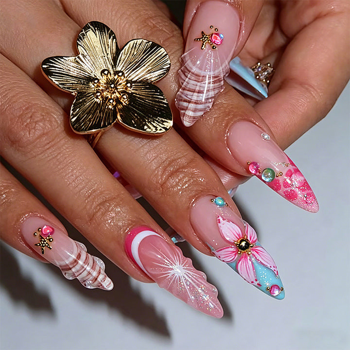 Art nail set with colorful blooming 3D applications Bowlift