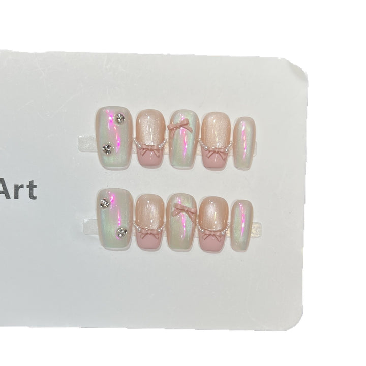 Decorative Press-On Nail Art Set with Artistic Bow and Pearl Accents Bowlift