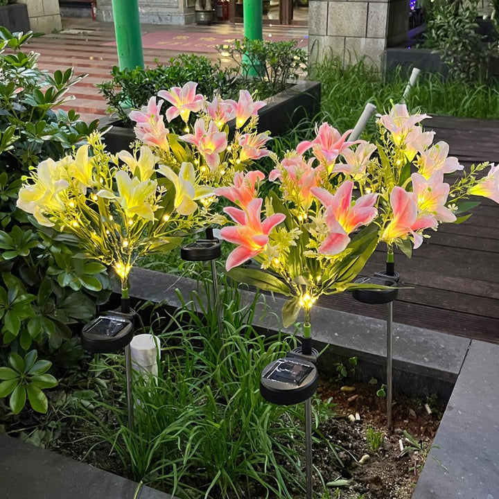 Solar LED Lily Garden Stake Light With Integrated Fairy String And Lifelike Silk Petals Bowlift