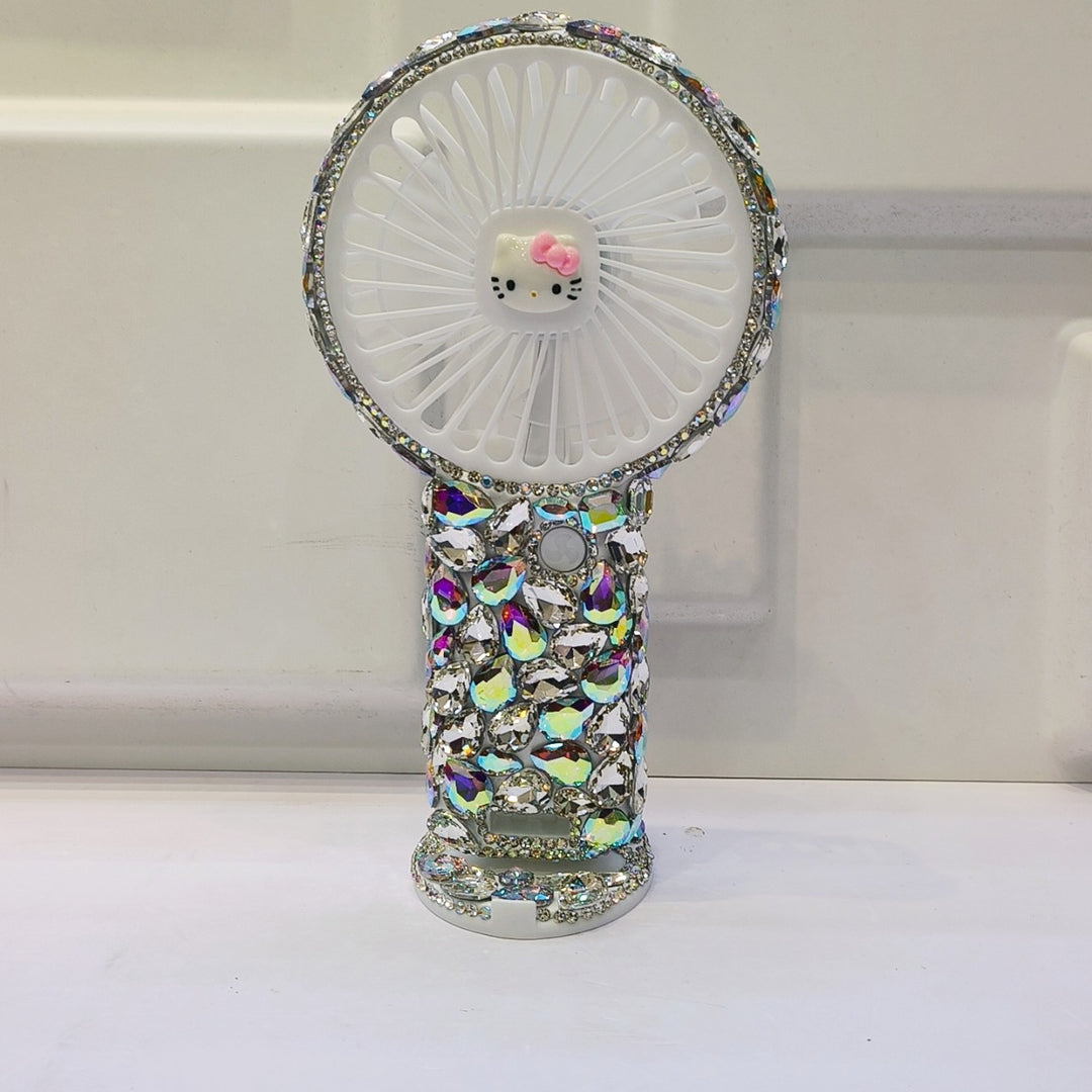Women's portable hand fan rechargeable with rhinestone accents and cat emblem Bowlift