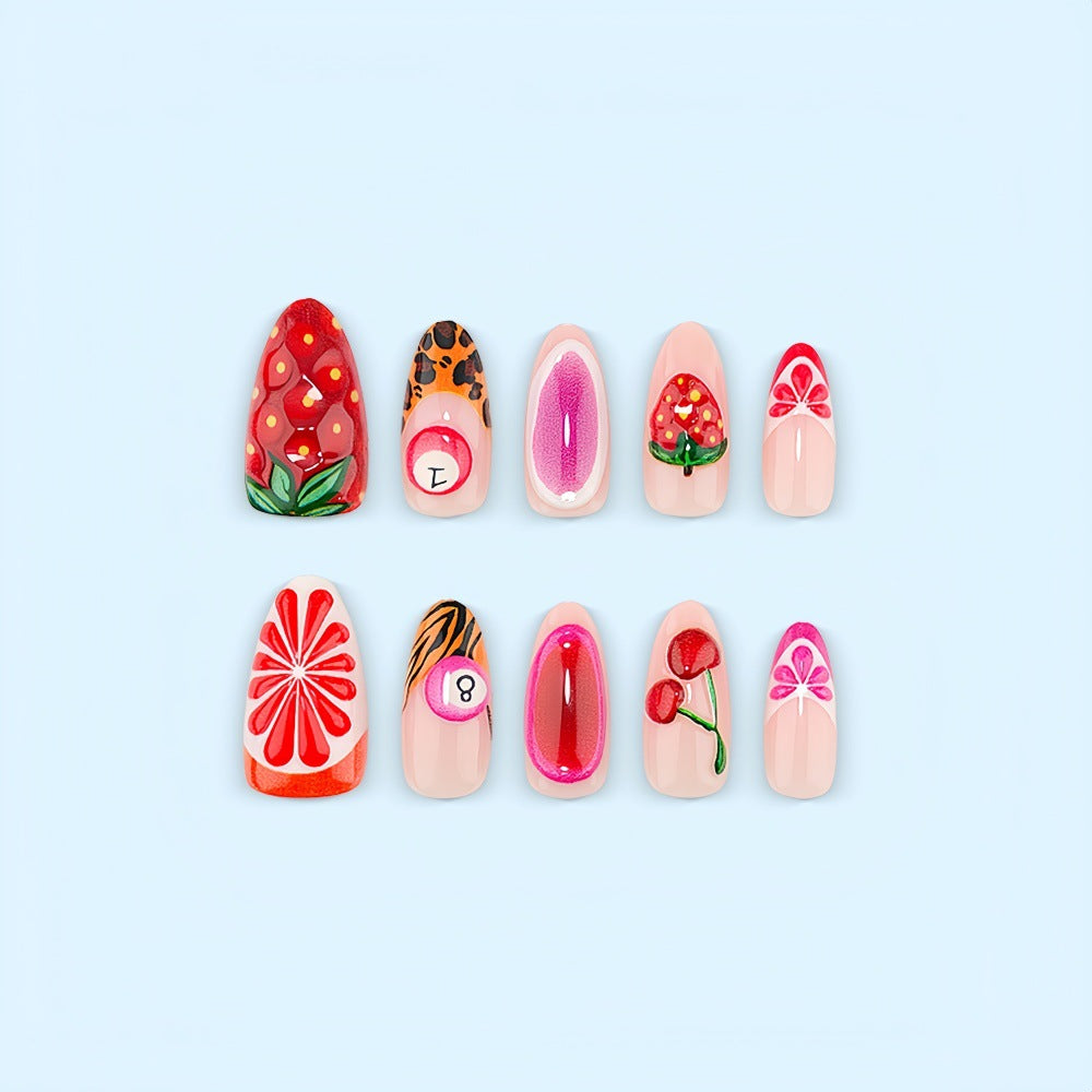 Artificial nails with fruity motifs andGloss finish Bowlift