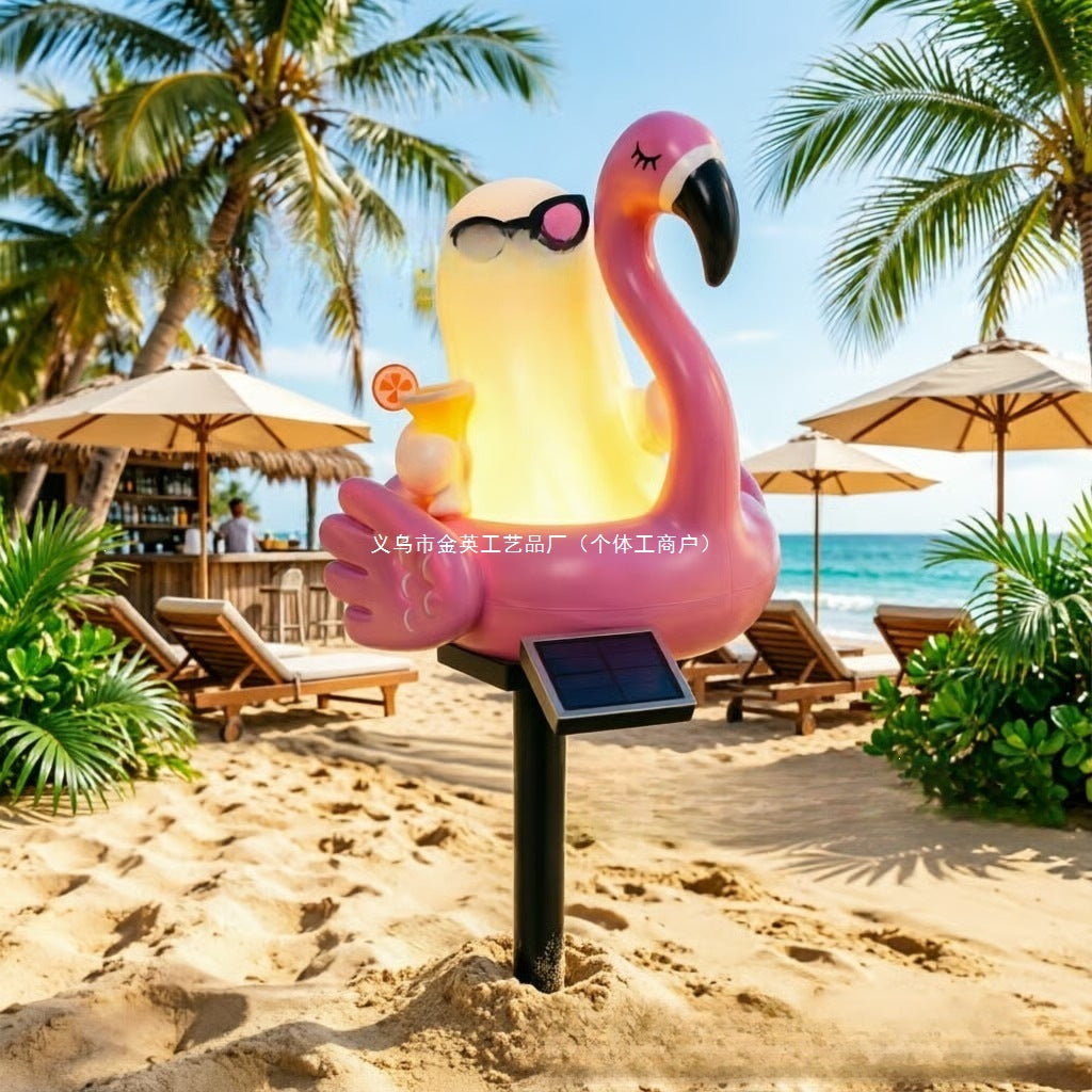Whimsical Solar Flamingo Garden Stake Lantern With Integrated LED Character And Ground Spike Bowlift