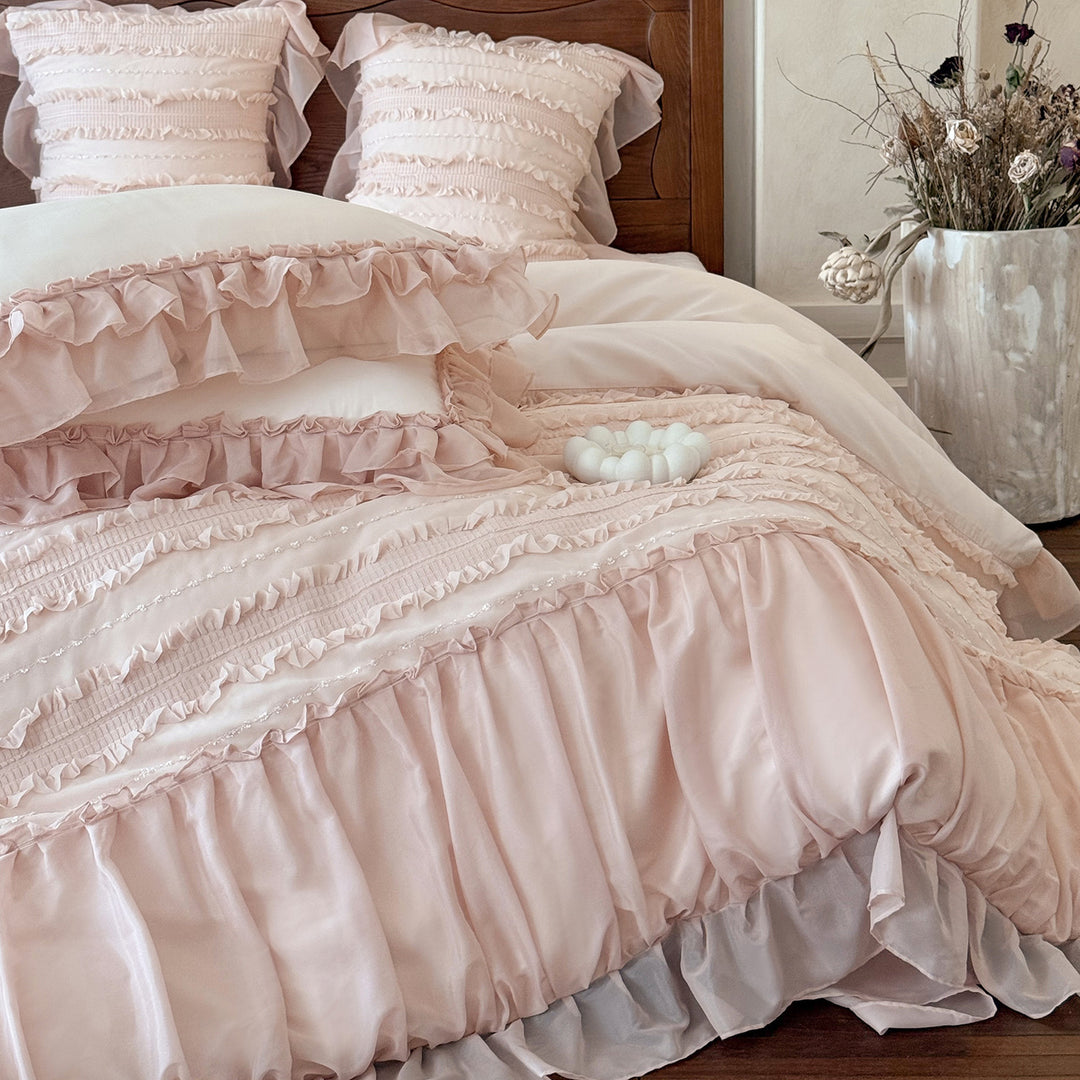 Romantic bedding complete set with ruffled bedspread, ruffle bed skirt, and decorative pillow