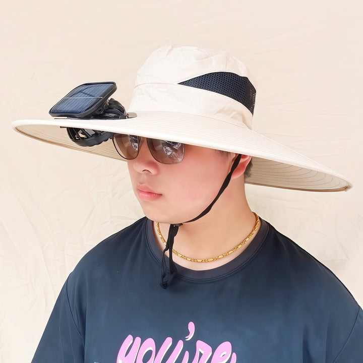 Wide-brimmed sun hat with detachable swivel solar fans and adjustable chin strap Bowlift