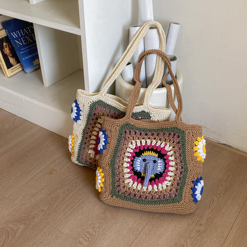 Handmade macrame shoulder bag with elephant design Bowlift